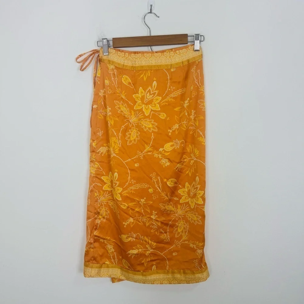 NWT $128 FREE PEOPLE Sz 0 Yasmin Border Print Wrap Midi Skirt In Orange Nectar